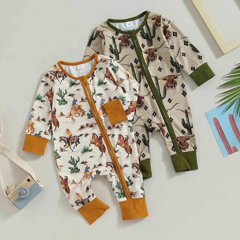 Baby boys and girls long sleeve jumpsuit with cow and horse print, zipped romper from August + Willow for autumn.