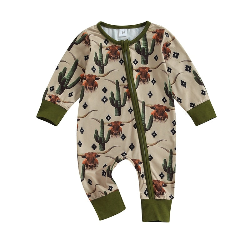 Baby toddler jumpsuit with long sleeves featuring cow and horse print, zipped closure in green, suitable for autumn.