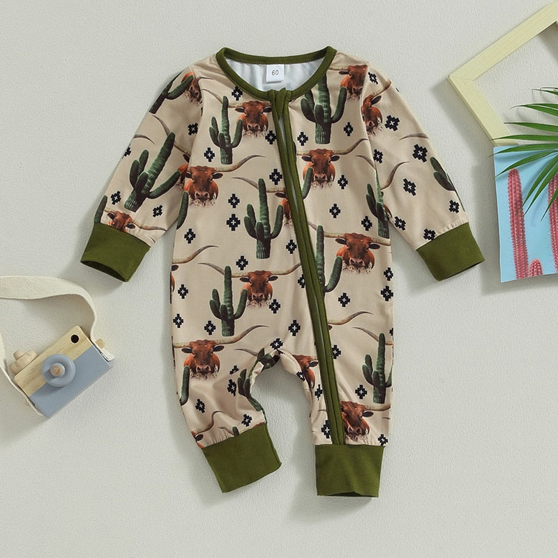 Baby jumpsuit with long sleeves, cow and horse print, zipped front, in green, for boys and girls, from August + Willow.