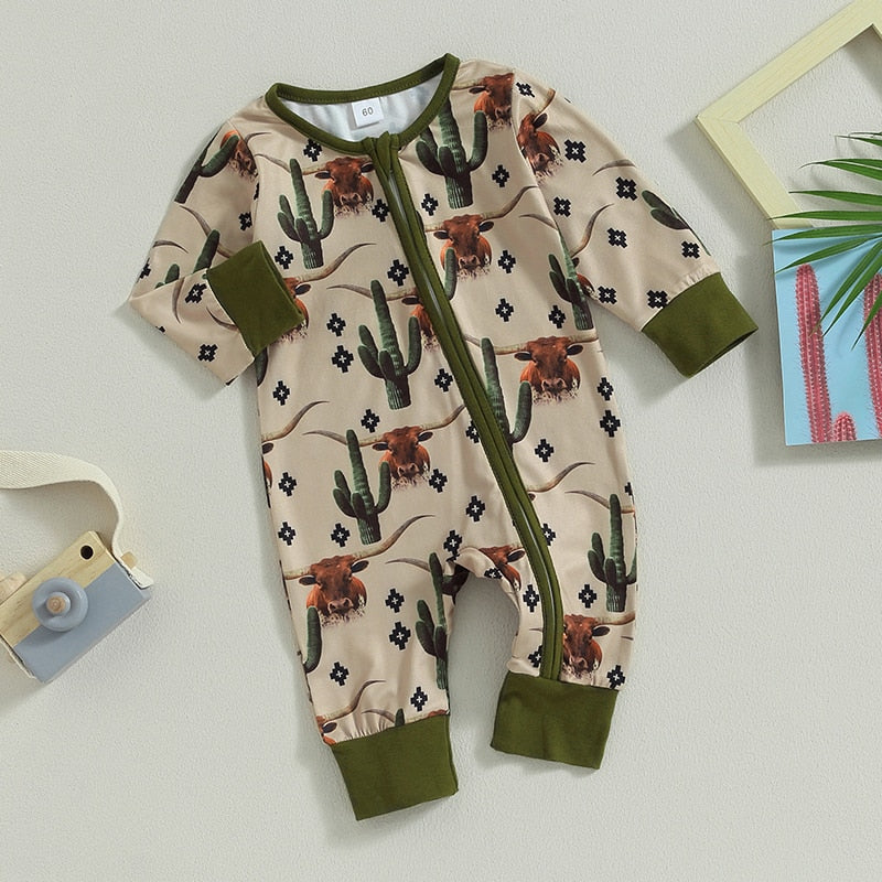 Baby jumpsuit by August + Willow featuring long sleeves and cow and horse print, suitable for autumn wear.
