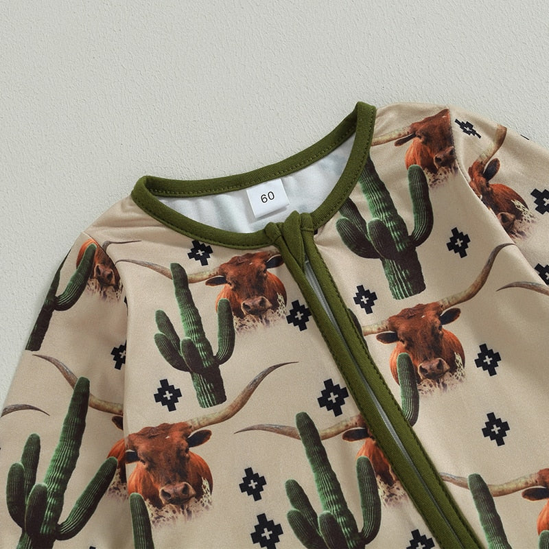 Baby jumpsuit from August + Willow featuring long sleeves and cow and horse print, perfect for autumn, in green for boys and girls.