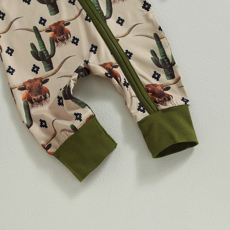 Baby boy and girl long sleeve jumpsuit with cow and horse print, zipped autumn romper by August + Willow, suitable for infants.