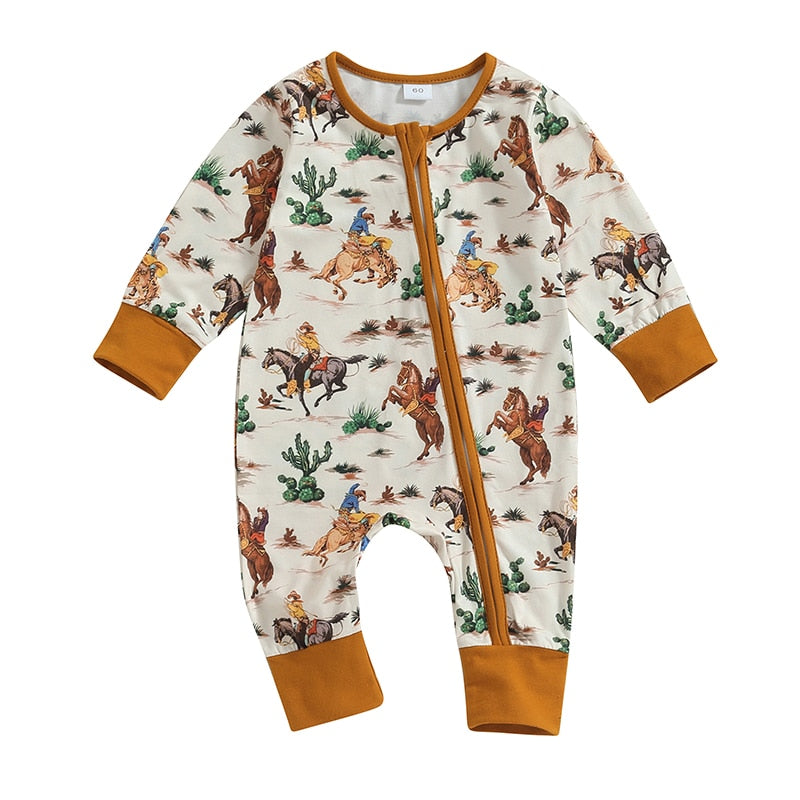 Baby jumpsuit for boys and girls by August + Willow, long sleeve with cow and horse print, zipped autumn romper for toddlers.