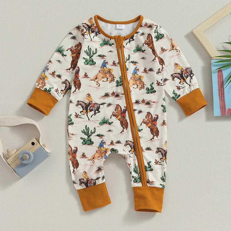 Baby toddler jumpsuit with long sleeves, featuring cow and horse print in green, by August + Willow, suitable for autumn.
