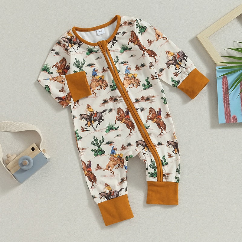 Baby toddler jumpsuit with long sleeves, featuring cow and horse print in green, from August + Willow, perfect for autumn.