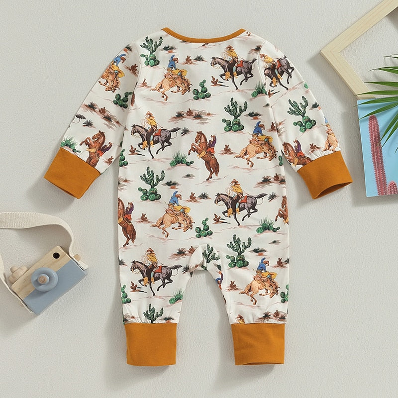 Baby jumpsuit by August + Willow with long sleeves, cow and horse print, featuring a zipper, suitable for autumn for boys and girls.