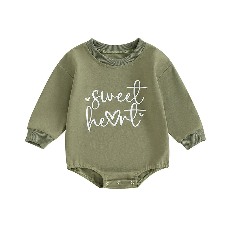 Baby girls and boys Valentine’s Day long sleeve bubble romper by August + Willow with sweet heart letter print, suitable for 0-3 months.