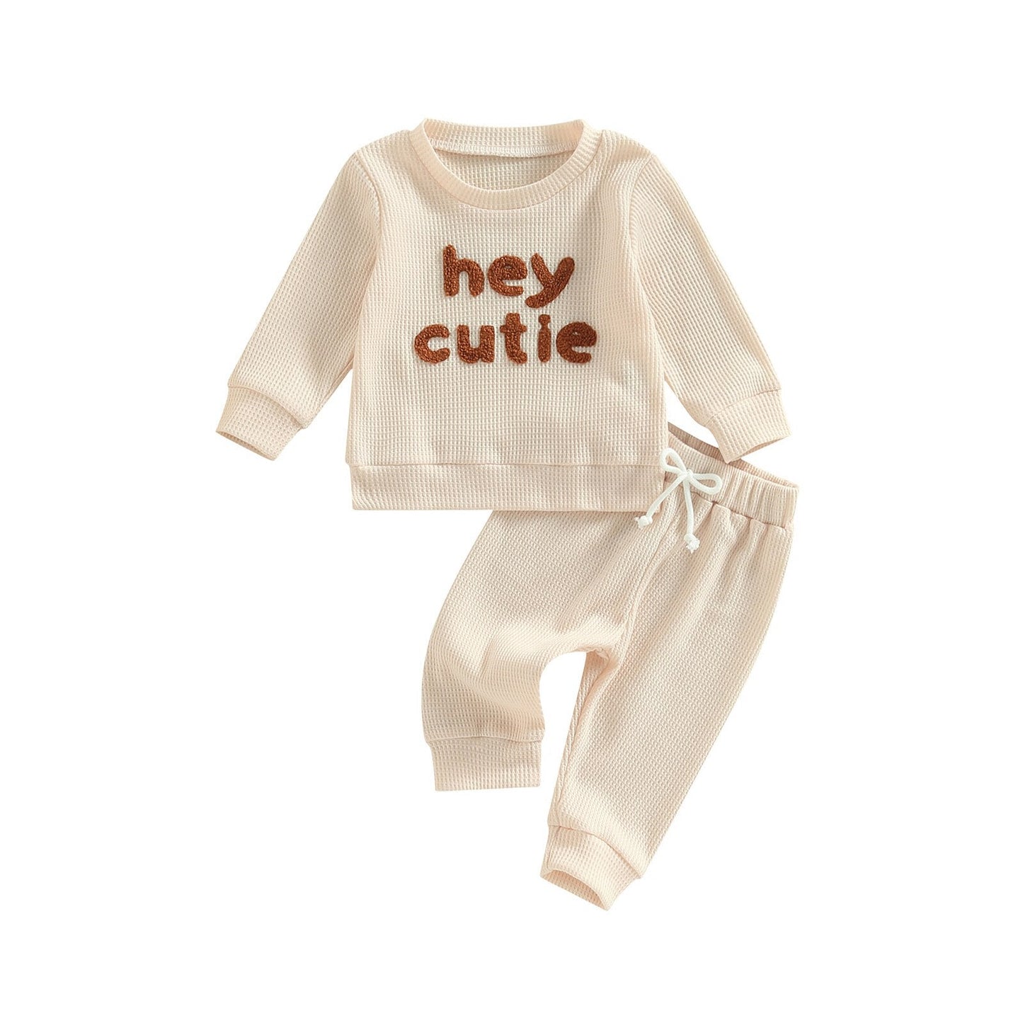 Grey toddler girls and boys 2-piece knit outfit with long sleeve ribbed tops and pants by August + Willow for ages 18-24 months.