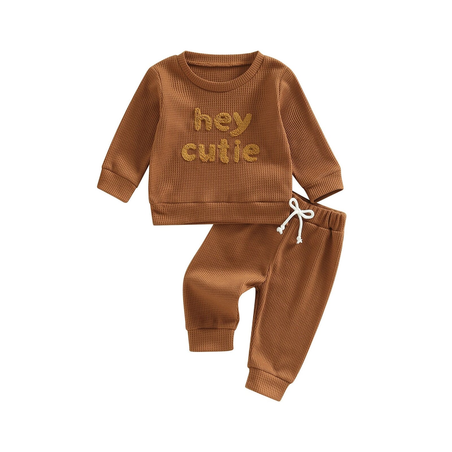 Toddler girl and boy grey 2-piece outfit by August + Willow with long sleeve ribbed knit tops and matching pants for ages 18-24 months.