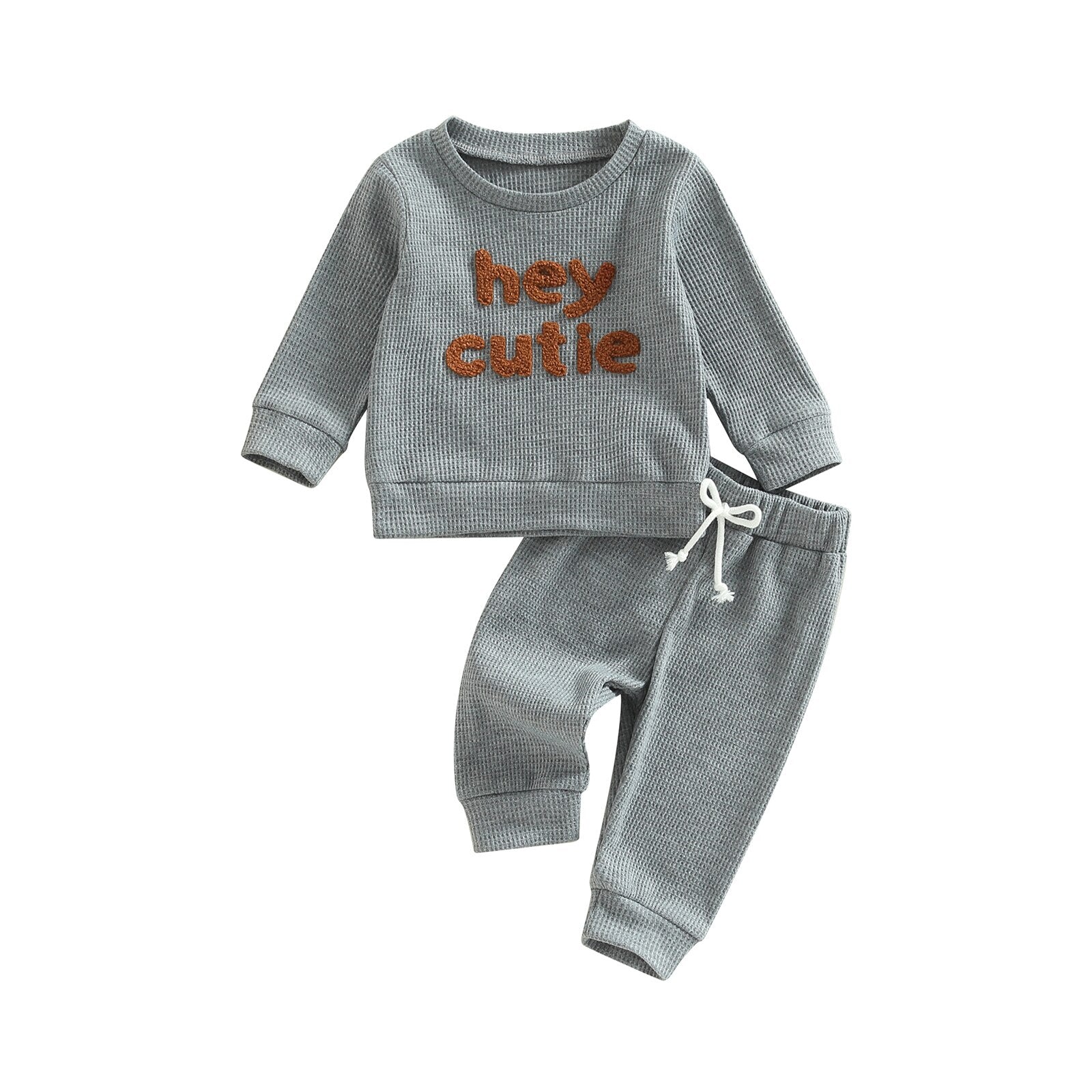 Grey toddler baby girl and boy 2-piece outfit by August + Willow featuring long sleeve ribbed knit tops and pants set.