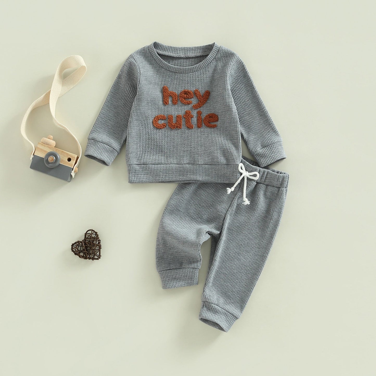 Grey 2-piece baby outfit by August + Willow, long sleeve ribbed knit tops and pants set for toddler girl or boy.
