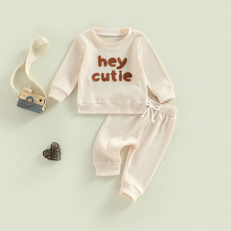 Grey 2-piece baby toddler outfit by August + Willow, includes long sleeve ribbed knit top and pants for girl or boy, 18-24 months