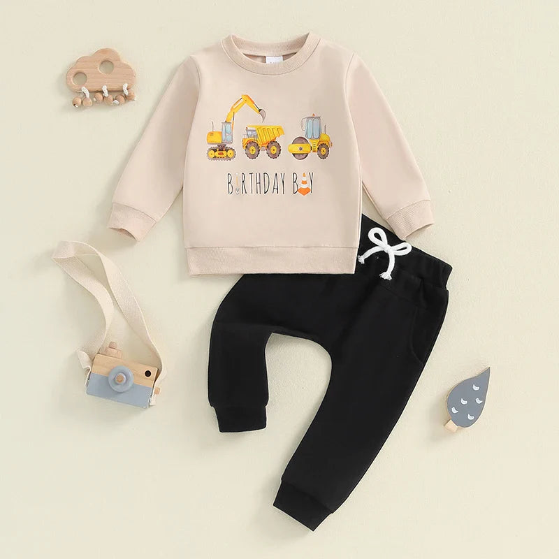 Baby toddler boys birthday outfit set with excavator and tractor print long sleeve top and pants with pockets, by August + Willow.