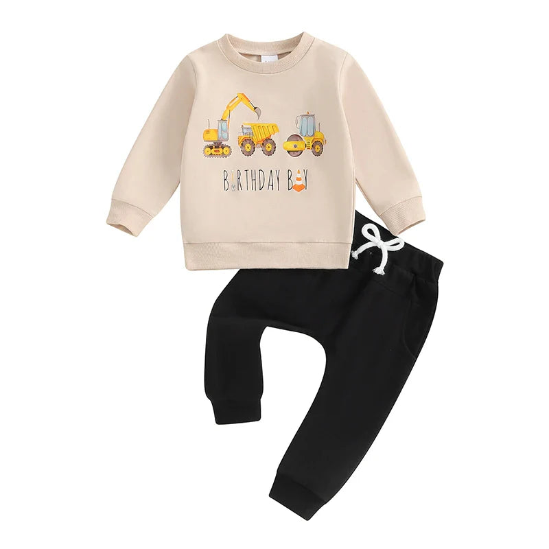 Baby boys' 2-piece birthday outfit by August + Willow with excavator and tractor print long sleeve top and pants with pockets, khaki.