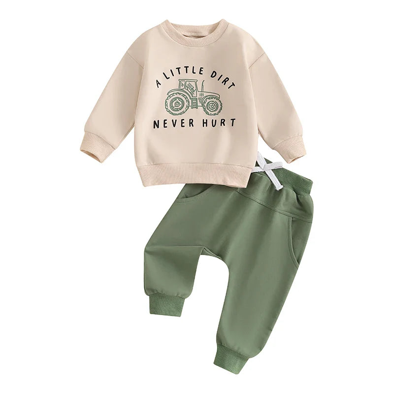 Baby boy fall outfit set with long sleeve tractor and letter print top and matching pants by August + Willow, khaki color.