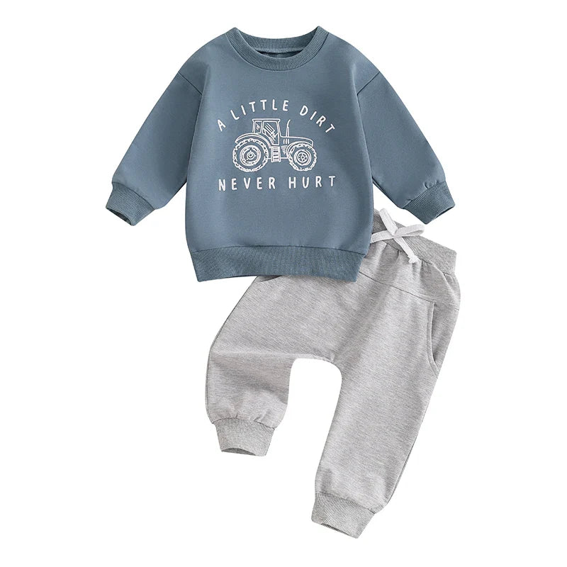 Baby toddler boys fall outfit set with long sleeve tractor letter print top and matching pants by August + Willow.