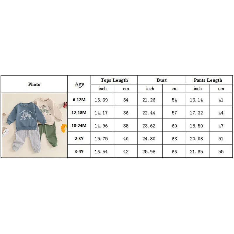 Baby toddler boys fall outfit set with long sleeve tractor and letter print top and matching pants by August + Willow.