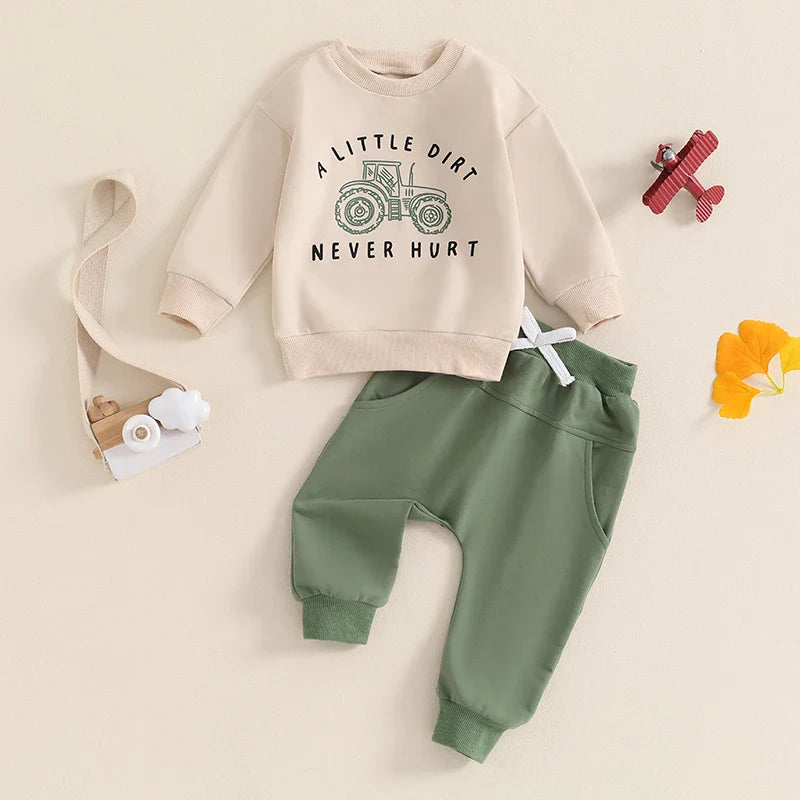 Baby toddler boys fall outfit set with long sleeve tractor letter print top and matching pants from August + Willow.