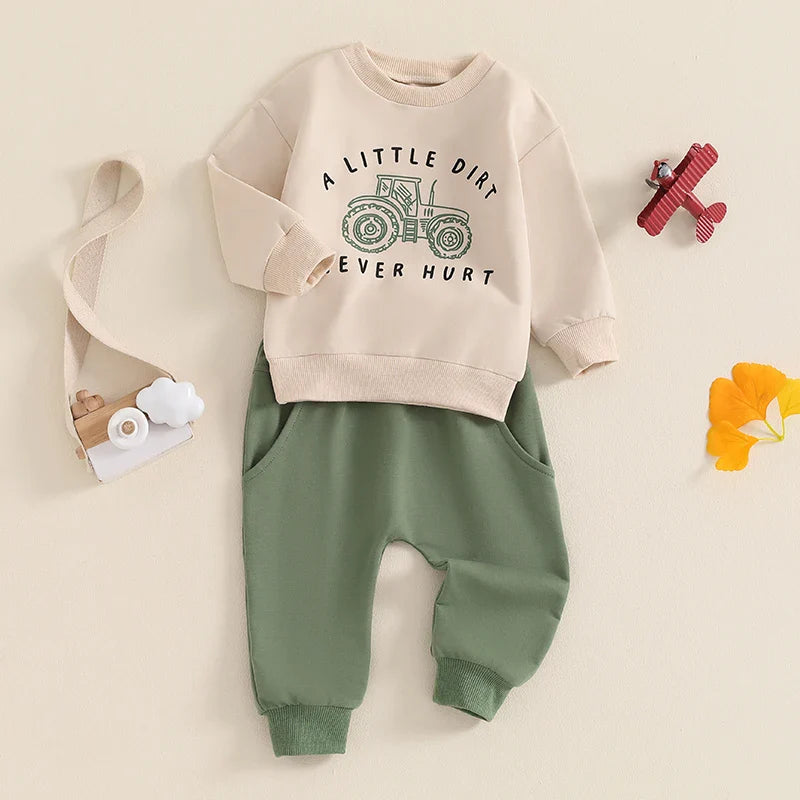 Baby toddler boys fall outfit set with long sleeve tractor and letter print top, and matching pants in khaki, by August + Willow.