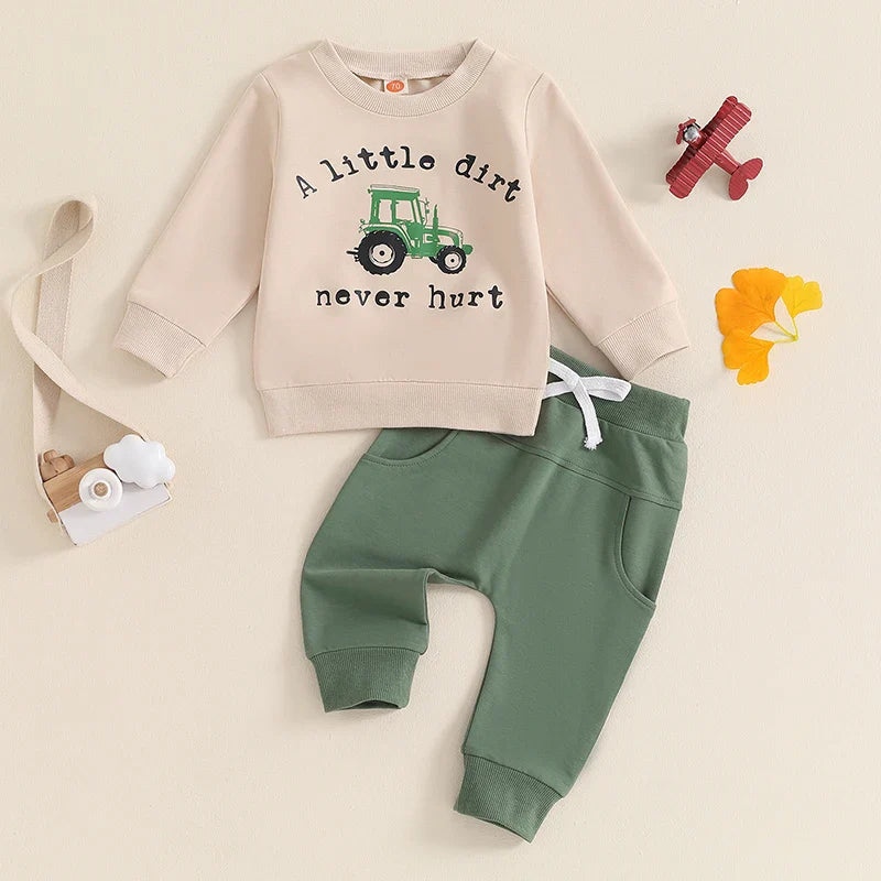 Baby toddler boys fall outfit set with tractor print long sleeve top and drawstring pocket long pants from August + Willow.