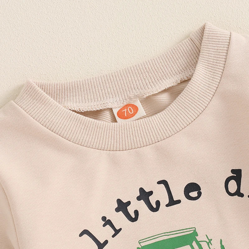 Baby toddler boys fall outfit set with tractor print long sleeve top and drawstring pocket pants, by August + Willow.