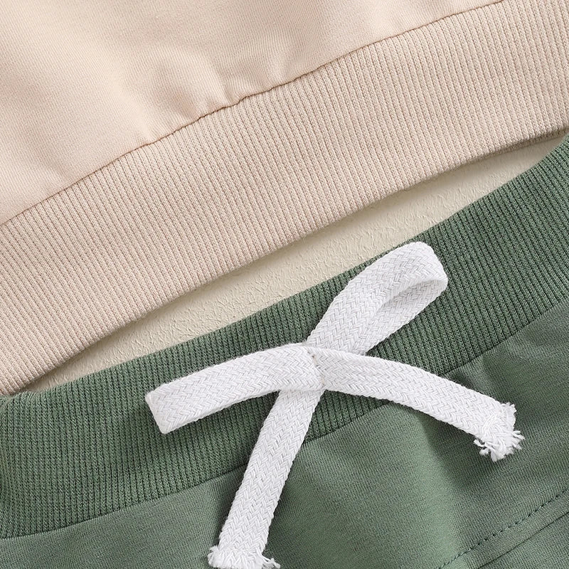 Baby toddler boys fall outfit set with tractor print long sleeve top and drawstring pocket pants, in khaki from August + Willow.