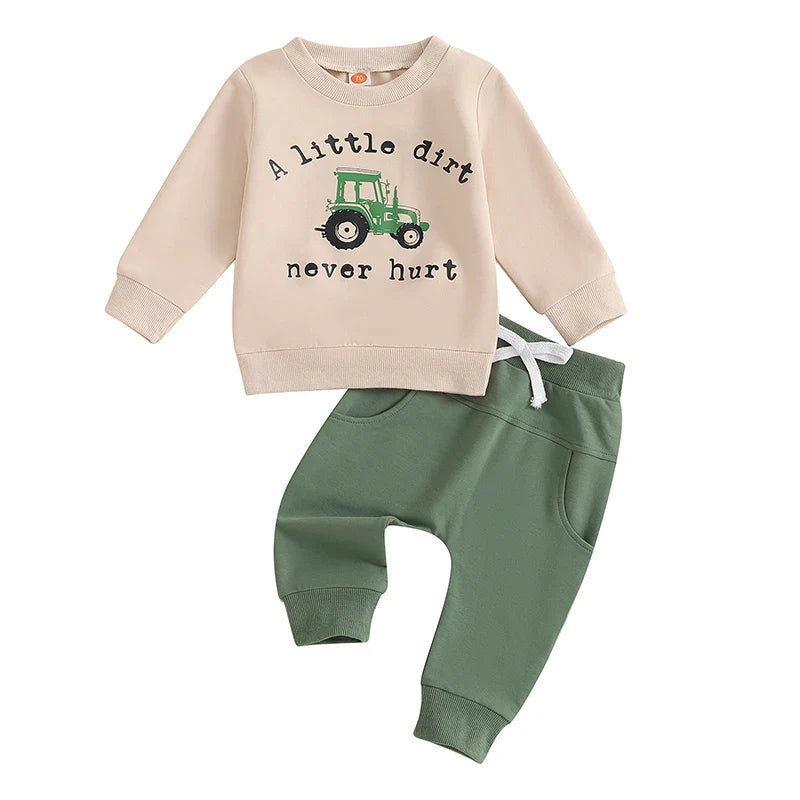 Baby toddler boys fall outfit set with tractor print long sleeve top and drawstring pocket long pants from August + Willow.
