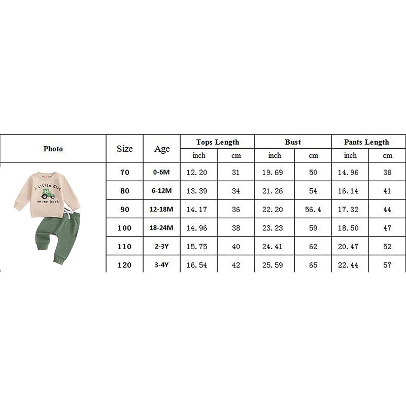 Baby boy fall 2-piece outfit set with tractor print long sleeve top and drawstring pocket pants from August + Willow.