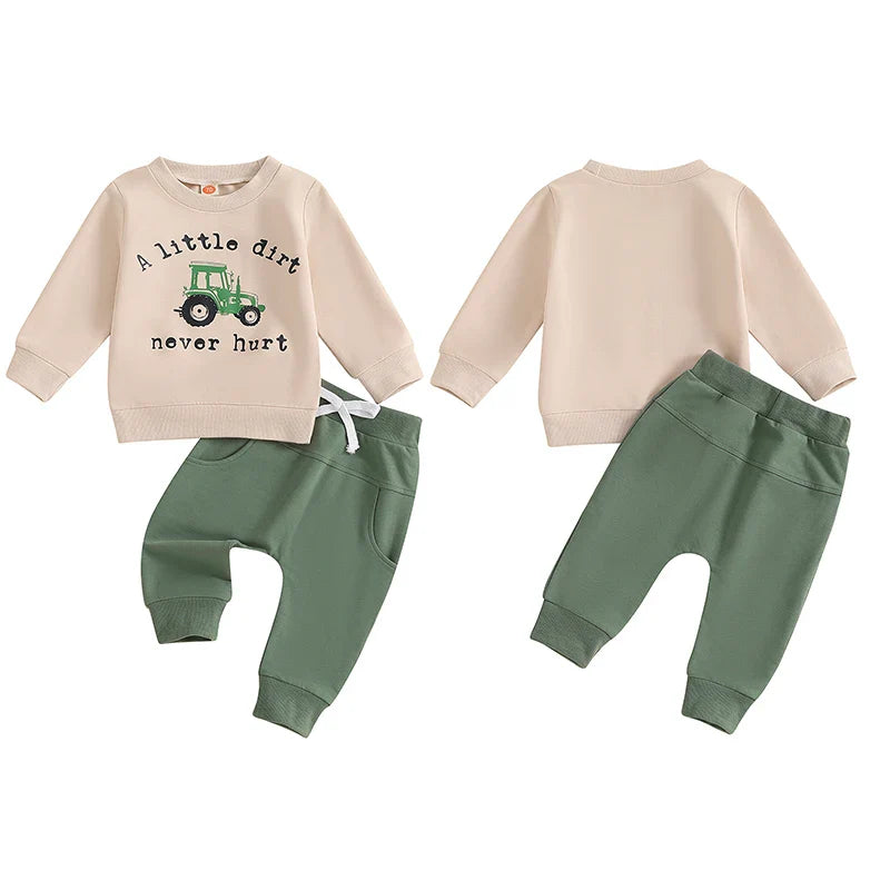 Baby toddler boys fall outfit set with tractor print long sleeve top and drawstring pocket long pants, by August + Willow.