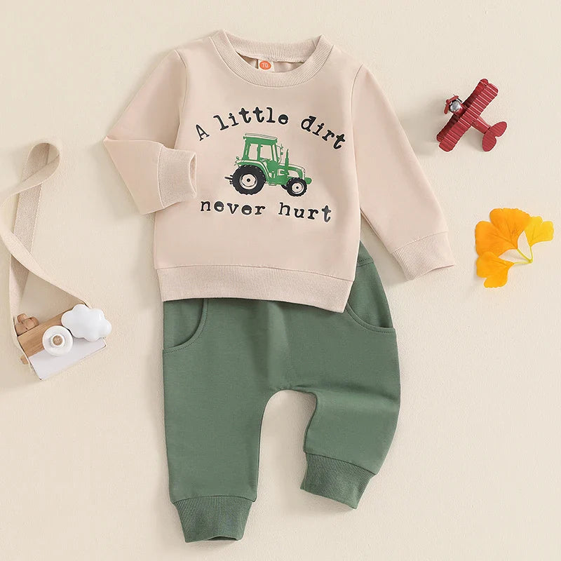 Baby boy fall outfit set featuring tractor and letter print long sleeve top with drawstring pocket pants, by August + Willow.