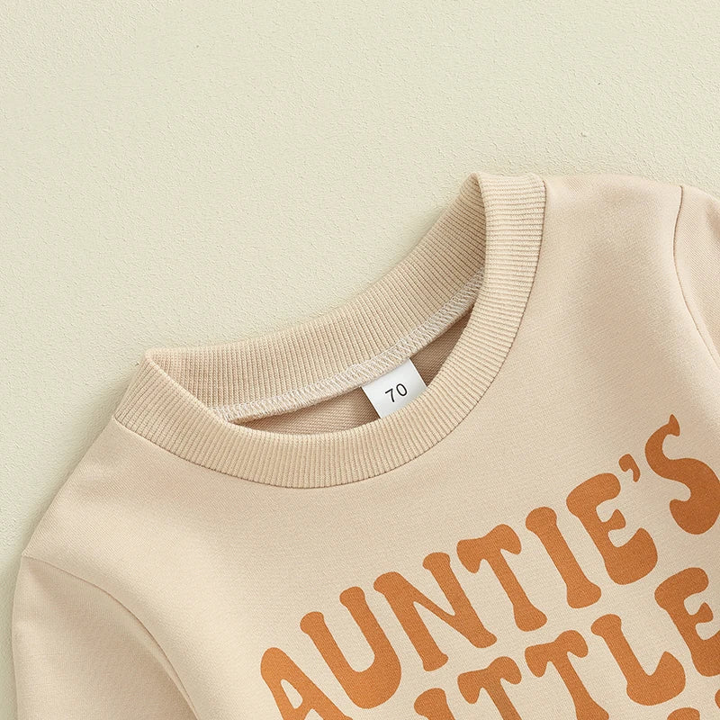 Baby toddler boys and girls 2-piece outfit by August + Willow with letter print long-sleeve pullover and jogger pants.