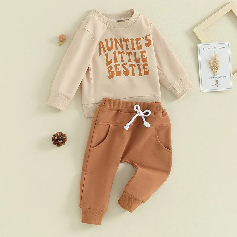 Baby toddler boy and girl 2-piece outfit by August + Willow with letter print long sleeve pullover and jogger pants, in khaki.