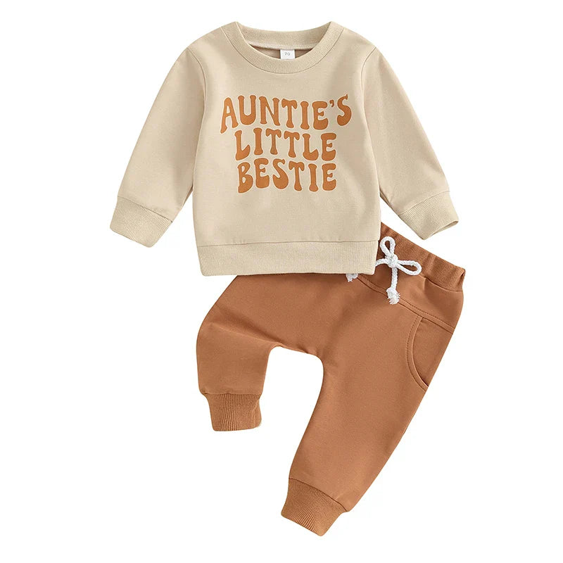 Baby toddler boys and girls 2-piece outfit by August + Willow featuring a letter print long-sleeve pullover and jogger pants.