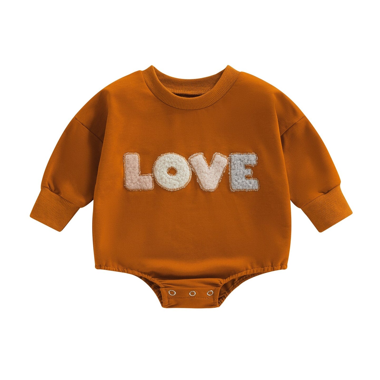 Baby girl fall bodysuit by August + Willow, fuzzy letter love print, long sleeves, round neck, cozy bubble romper for infants.