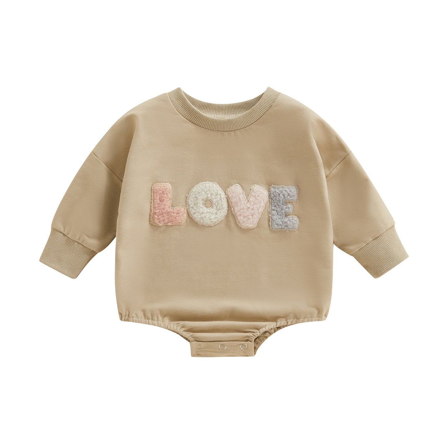 Light cream infant girl fall bodysuit by August + Willow with fuzzy letter love print, long sleeves, round neck, and bubble romper style.