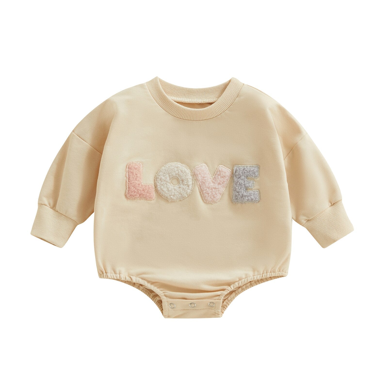 Light cream infant baby girl fall bodysuit by August + Willow, fuzzy letter love print, long sleeves, round neck, cozy bubble romper.