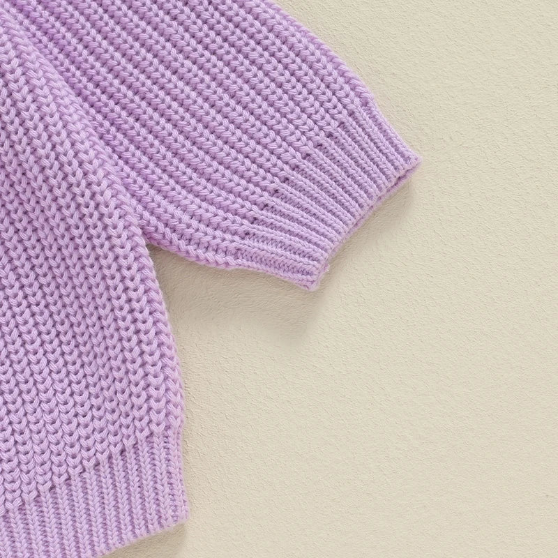 Light pink toddler girl sweater with long sleeves and embroidered letter design, loose fit, from August + Willow baby and toddler outfits.