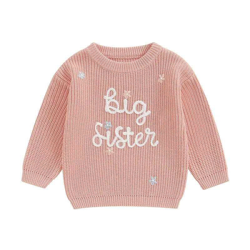 Light pink toddler girls' sweater by August + Willow with long sleeves, letter embroidery, and a cozy knit, perfect for little sisters.