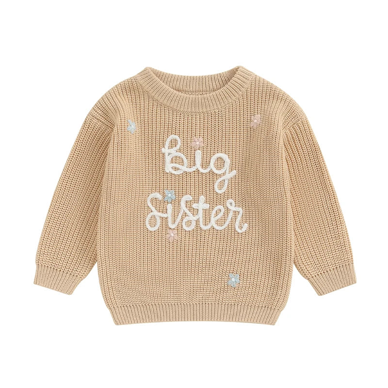 Light pink toddler girl sweater with long sleeves, embroidery lettering, loose fit, from August + Willow baby and toddler outfits.