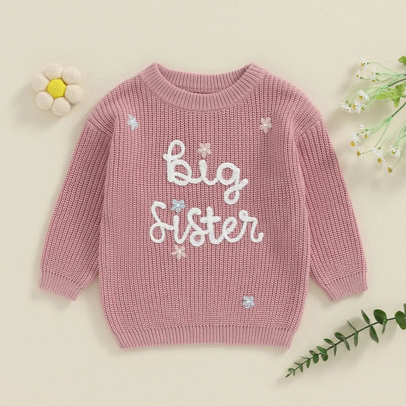 Light pink toddler girl's big sister sweater with cute long sleeves and letter embroidery, made by August + Willow.