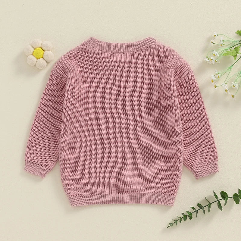 Light pink toddler girls' sweater by August + Willow with long sleeves, letter embroidery, and a cozy knit, perfect for big sisters.