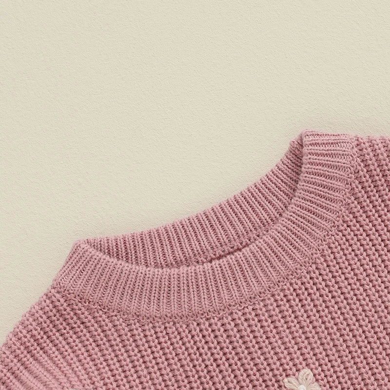 Light pink toddler girl sweater with long sleeves, letter embroidery, loose fit, from August + Willow baby and toddler outfits.
