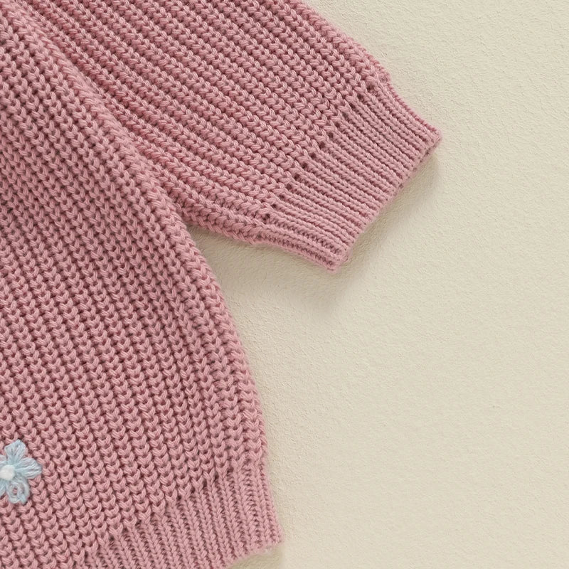 Light pink toddler girl sweater with long sleeves, letter embroidery, and loose fit, from August + Willow baby and toddler outfits.