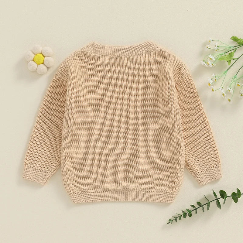 Light pink toddler girl sweater with long sleeves, letter embroidery, and a loose knit design by August + Willow.