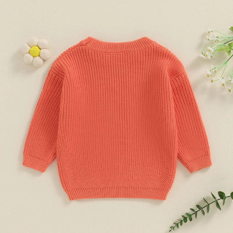 Light pink toddler girls' Big Sister sweater by August + Willow with long sleeves, letter embroidery, and cozy knit design.