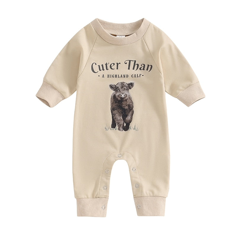 Baby toddler romper by August + Willow featuring western bull head and letter print, long sleeves, perfect for fall.