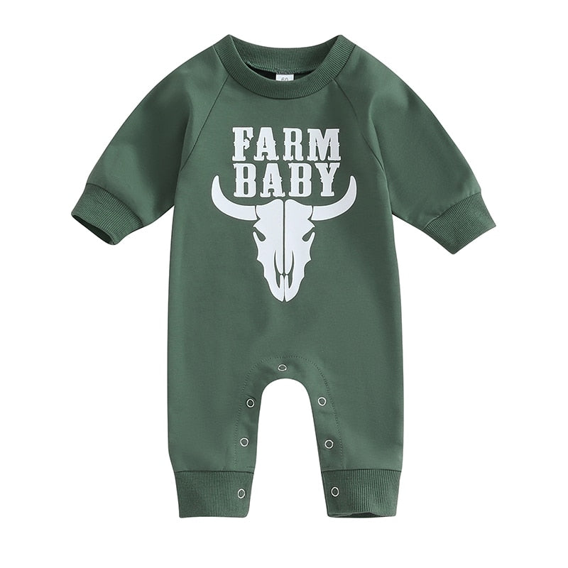 Baby romper by August + Willow featuring western bull head and letter print, long sleeves, perfect for fall for baby boys and girls.