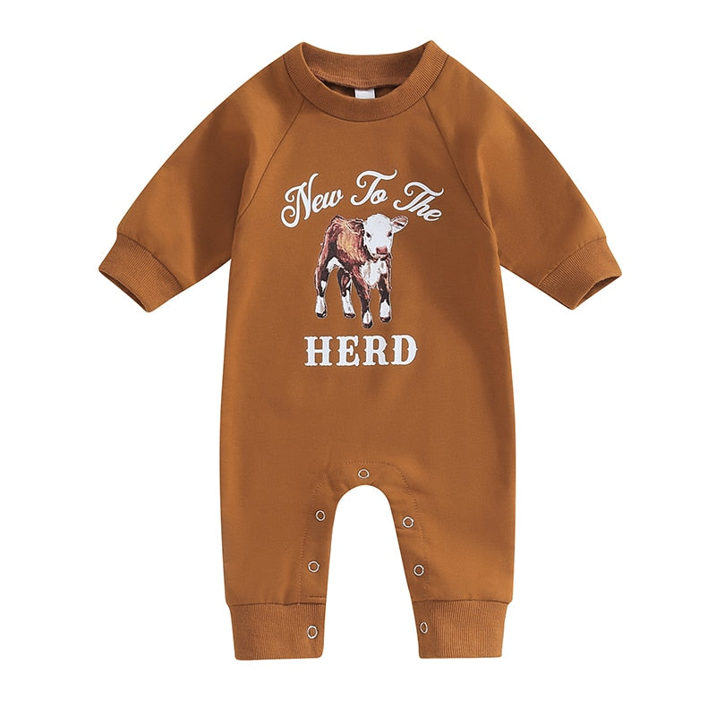 Baby boy girl romper by August + Willow with western bull head and letter print, long sleeve jumpsuit for fall, toddler outfit.