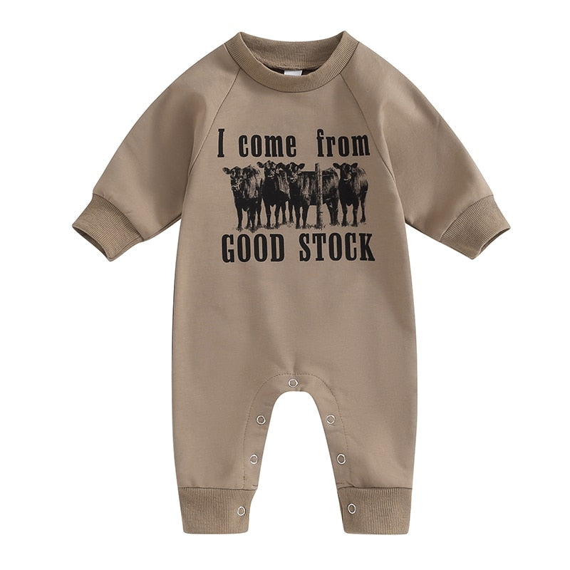Baby boy girl romper by August + Willow featuring western bull head and letter print, long sleeves, perfect for fall.