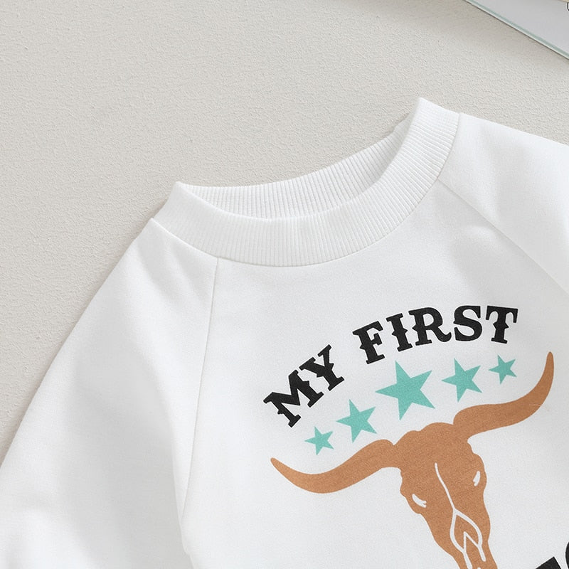 Baby toddler romper by August + Willow with western bull head and letter print, long sleeves, perfect for fall outfits.